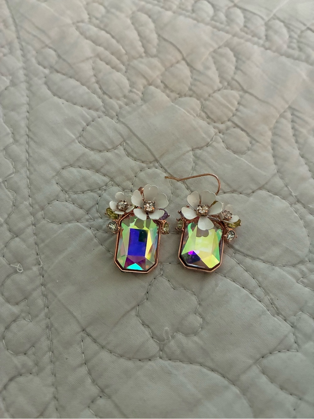 Betsey Johnson Iridescent Crystal Floral Drop Earrings with White Enamel Flowers